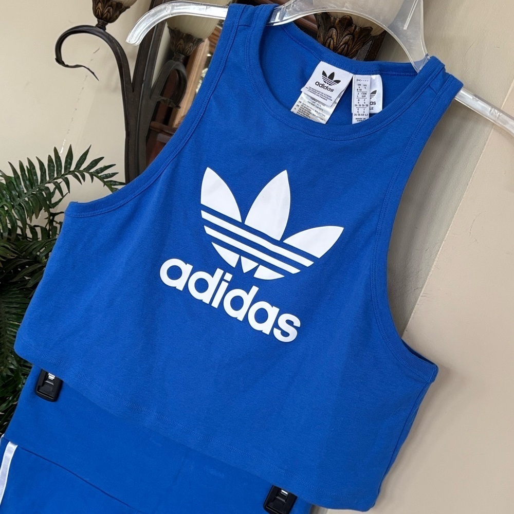 Adidas 2-Piece Blue & White 3-Stripe Racerback Tank Top & Shorts Workout Set - Picture 3 of 14